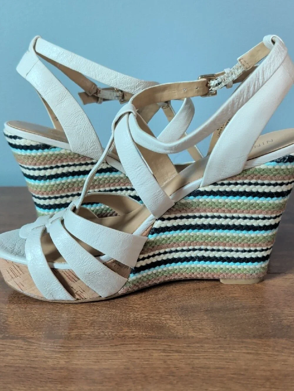 Nine West White Strappy Cork Wedge Sandals